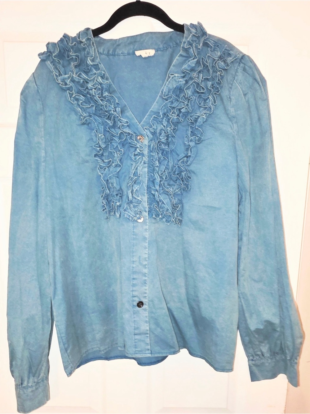 POL Faded Teal Ruffle Front Blouse